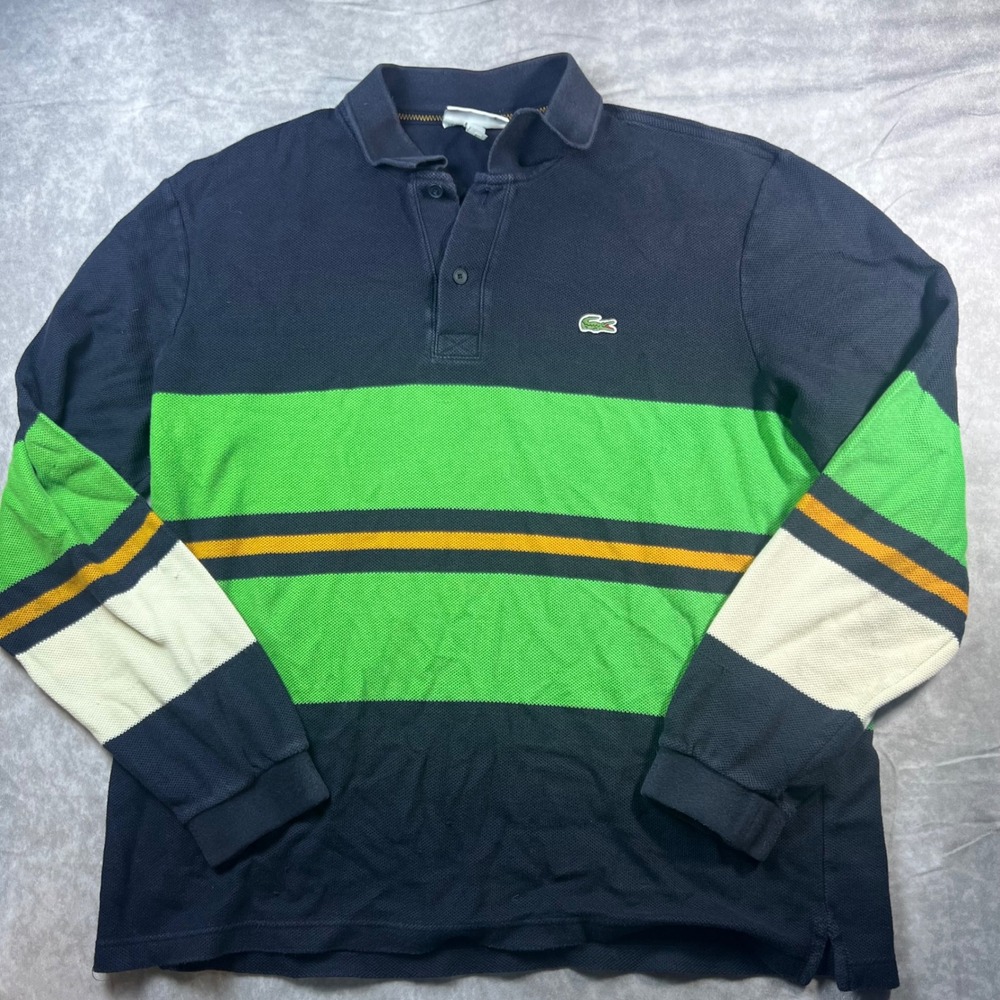 Lacoste Polo Shirt Mens XL Navy Blue Green Colorblock Striped Long Sleeve Pique